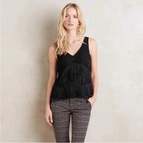 Anthropologie HD in Paris Tiered Fringe Sleeveless Blouse Black 4 - Picture 3 of 10